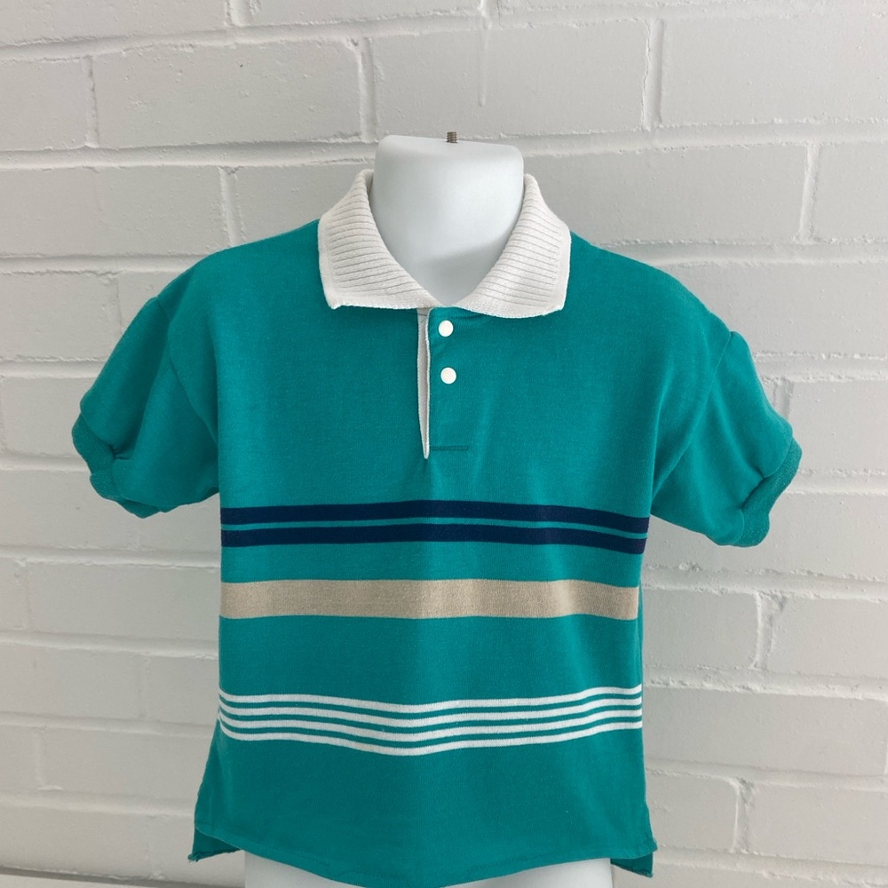 Classic Vintage Retro Boy Teal Striped Boys Polo Shirt With Collar Size 6